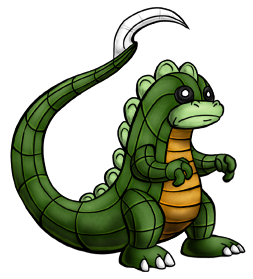 I didn't design Platrox with the intention of making it a mascot, it just ended up as one because it was fun to draw. It's not really based on any particular animal, it's just a cartoony reptilian thing with a tail blade. The pattern of its armour plates were inspired by alligator scales and low-poly wireframe CG models. Platrox01