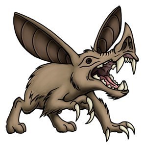 Bats are ripe for inspiration when designing mammalian monsters because they have such weird and diverse facial features. For Minnidar I combined the huge ears of a Spotted Bat with the long, predatory muzzle of a Spectral Vampire Bat. The shearing dentition is loosely inspired by a Marsupial Lion. Minnidar01