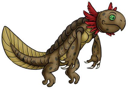 Mudlogger's design combines attributes of a Mudpuppy and a Snapping Turtle (otherwise known as a Loggerhead.) I basically created it to metamorphose into Snapamander. Its original name was "Necturtle", which I felt was too on-the-nose.