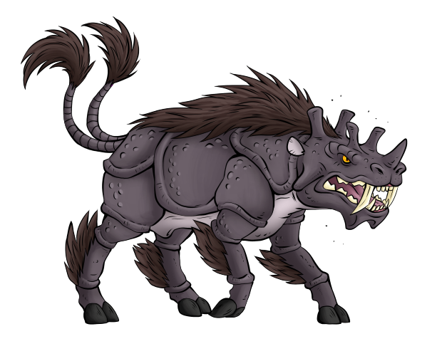 Ruggedon's design combines attributes of Uintatherium, Entelodonts and rhinoceros.